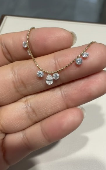 Pear and Round Drilled LGD Drop Station on Bead Chain Bracelet, 1.24ctd LGD, 18KYG, sz 7in