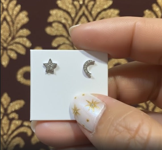 Diamond Pave Star and Moon Stud Earrings